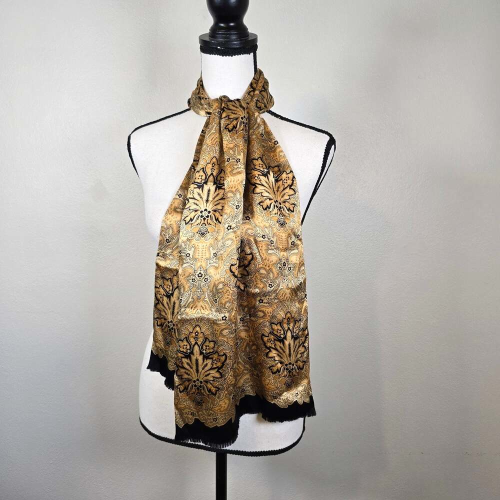 Vintage Talbots Silk Scarf Black Gold Paisley Damask Print Classic Elegance